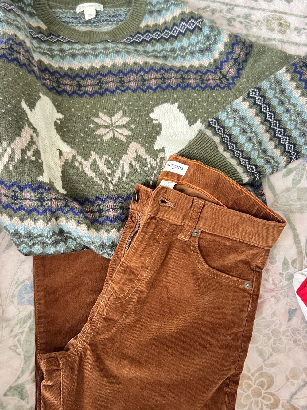 J. Crew Kids Matching Set — Olive Fair Isle Sweater & Brown Corduroy Pants